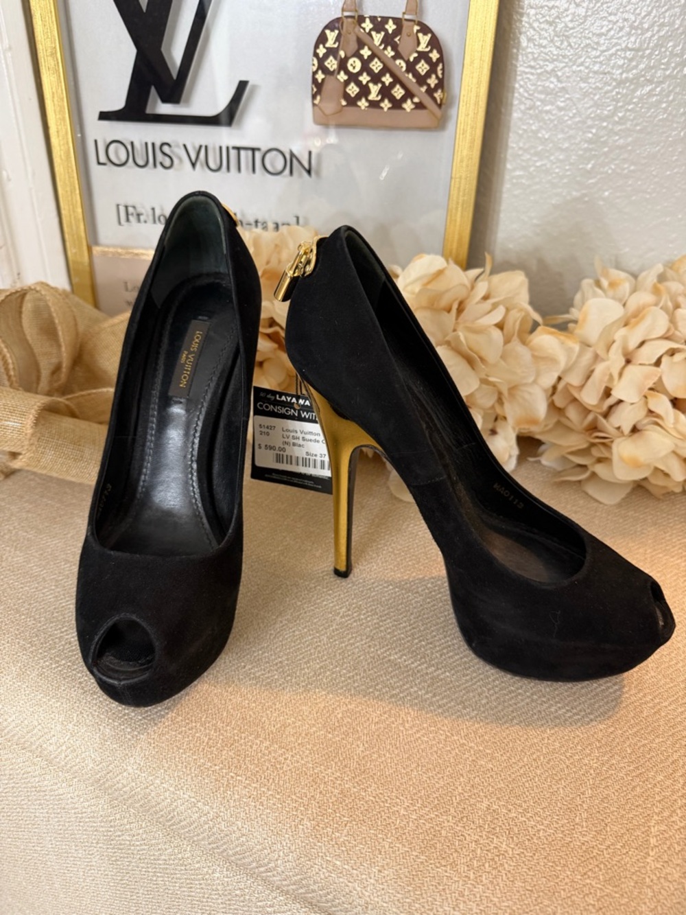 Louis Vuitton Black Suede Peep-Toe Pumps with Gold Heel Accent